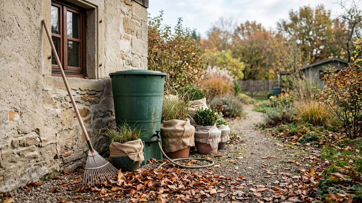 Herbstgarten mit Laubharke, Regentonne und eingepackten Kübelpflanzen