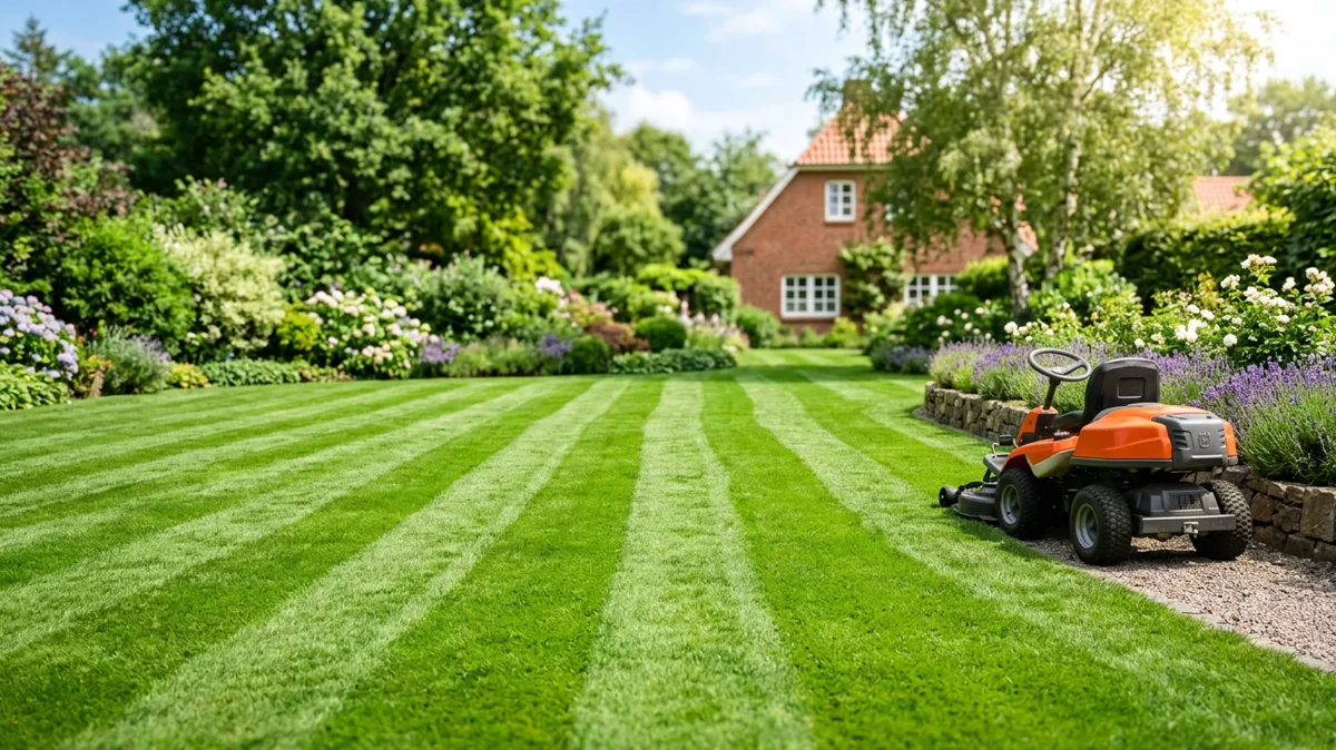 Frisch gemähter Rasen mit Mähstreifen in einem Garten