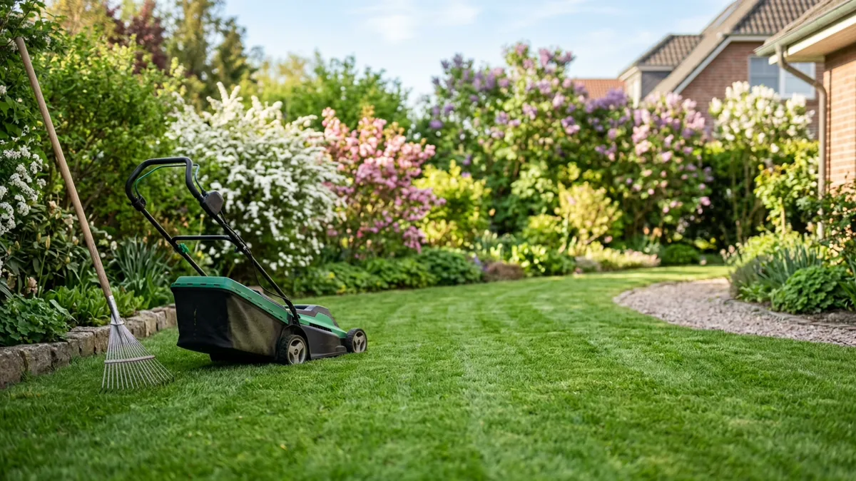 Frisch gemähter Rasen im Frühling mit Rechen und Rasenmäher im Garten