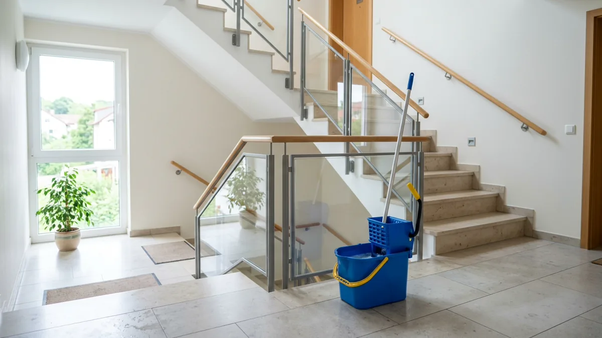 Gewischtes Treppenhaus mit Eimer und Mopp auf dem Treppenabsatz