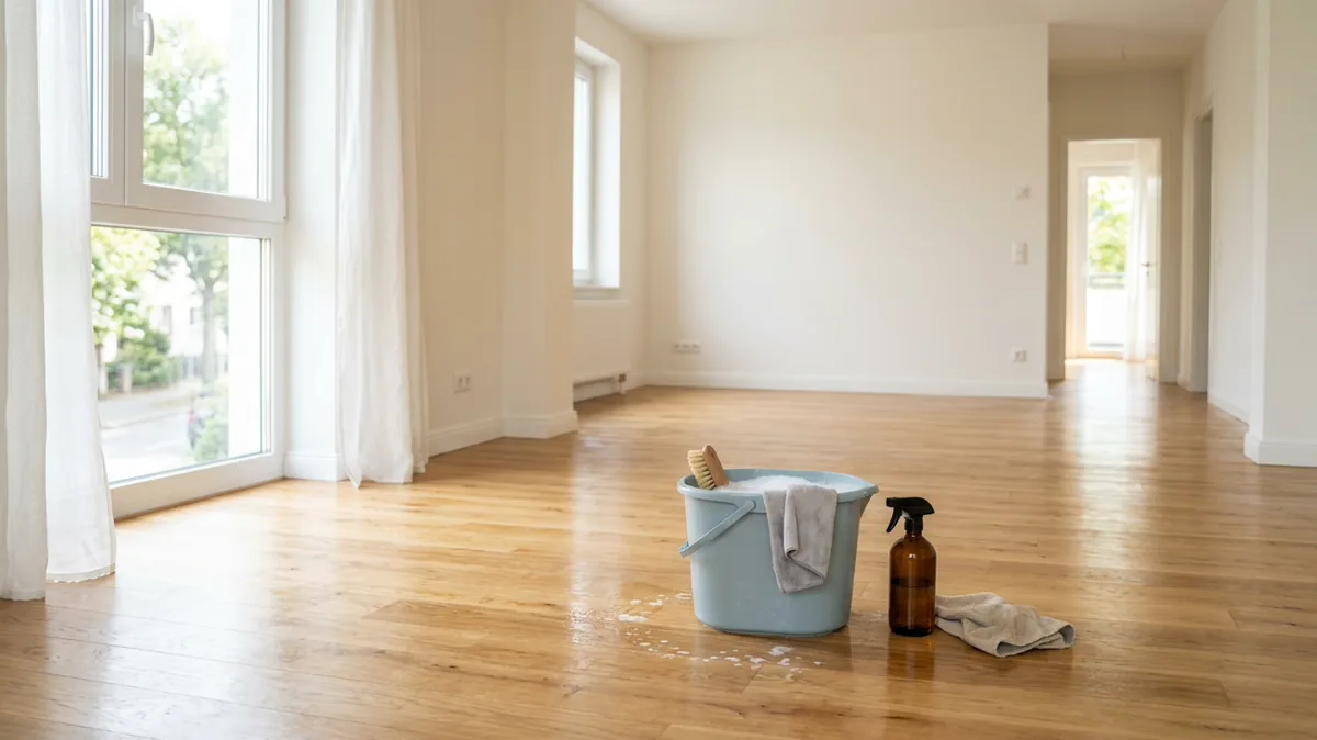Leere Wohnung mit Eimer und Reinigungsutensilien auf frisch gewischtem Boden